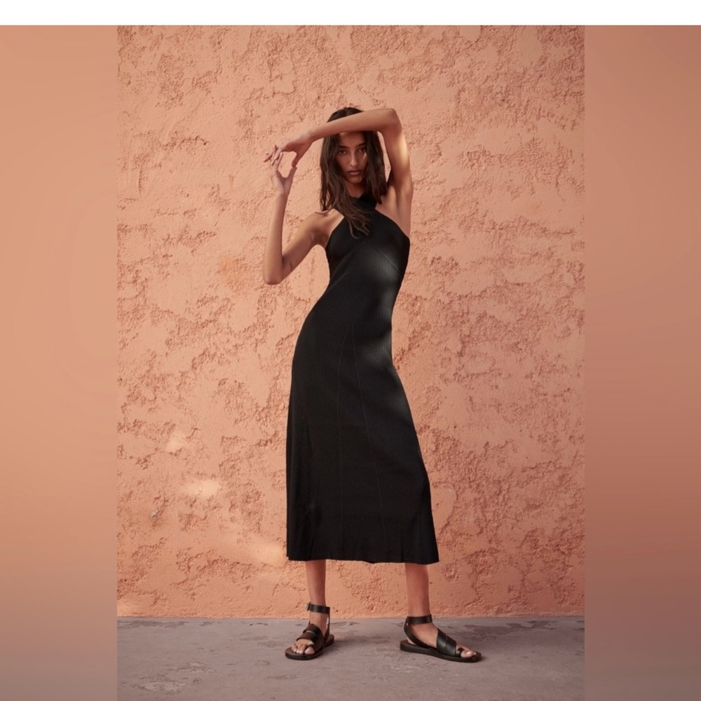 ZARA BLACK KNIT DRESS WITH CROSSED STRAPS SIZE M